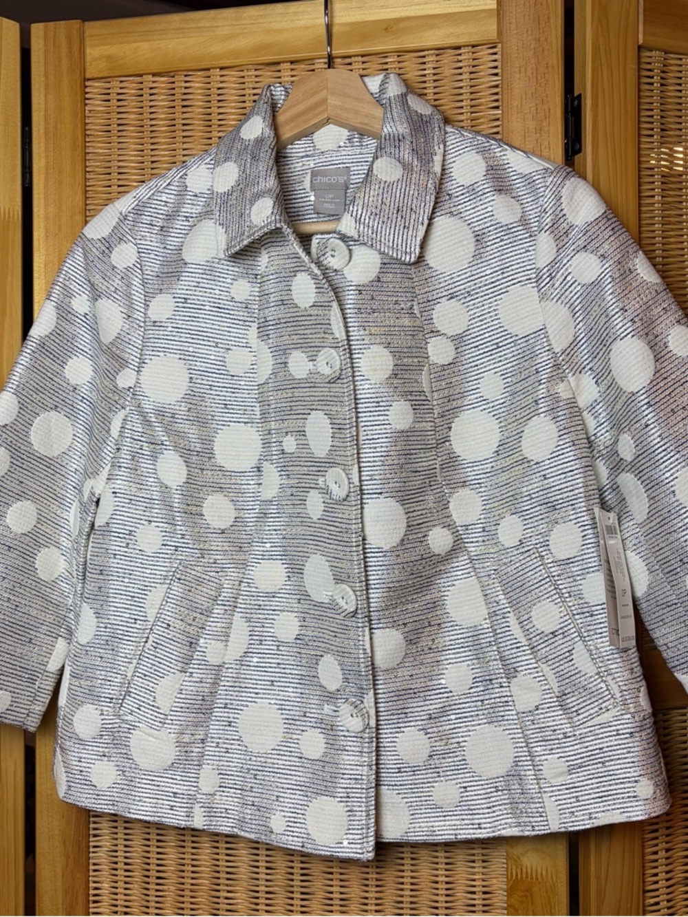 NWT Chico's Blue, Cream & Silver Gray Polka Dot Jacquard Jacket size 4/6 Petite